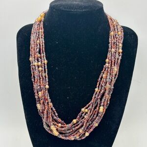 Vintage Multi Strand Seed Bead Necklace Earth Tones Copper‎ Maroon Silver Boho